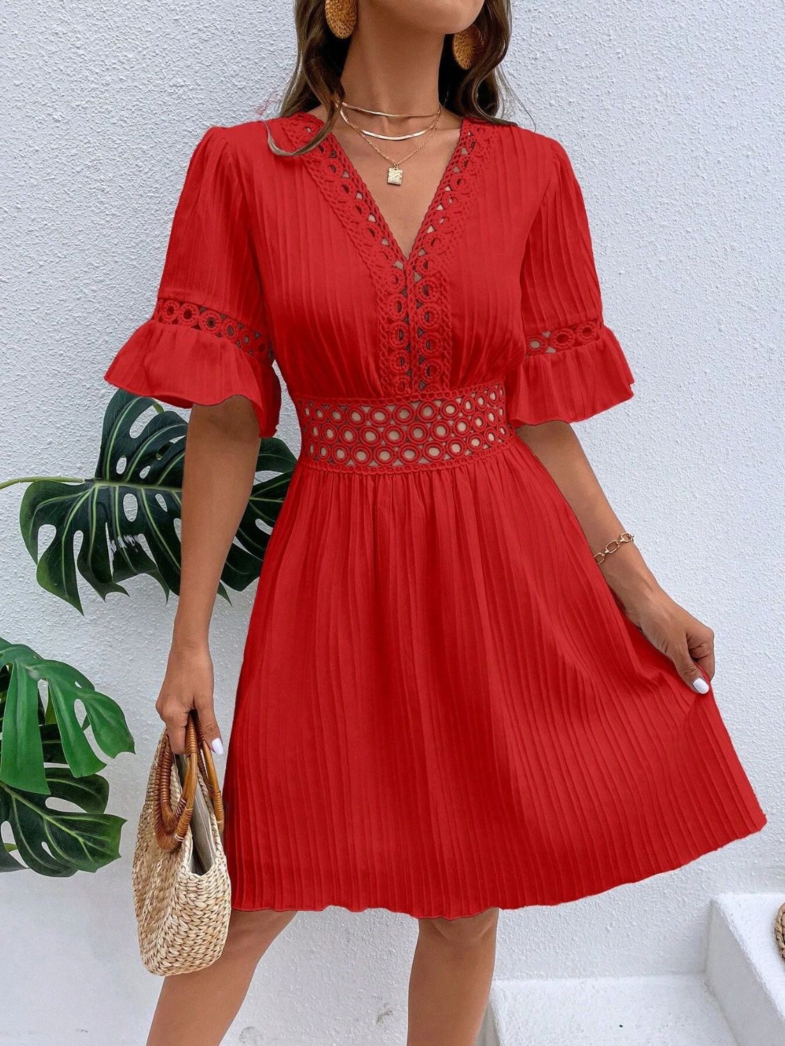 Cutout V-Neck Flounce Sleeve Mini Dress - Charming Charlie