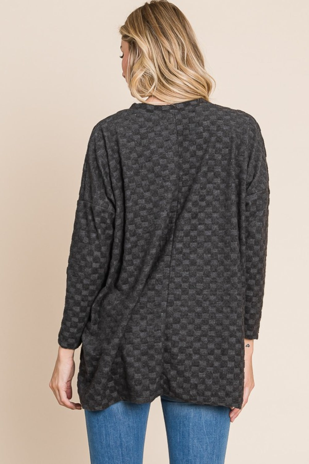 BOMBOM Checkered Long Sleeve V-Neck T-Shirt - Charming Charlie