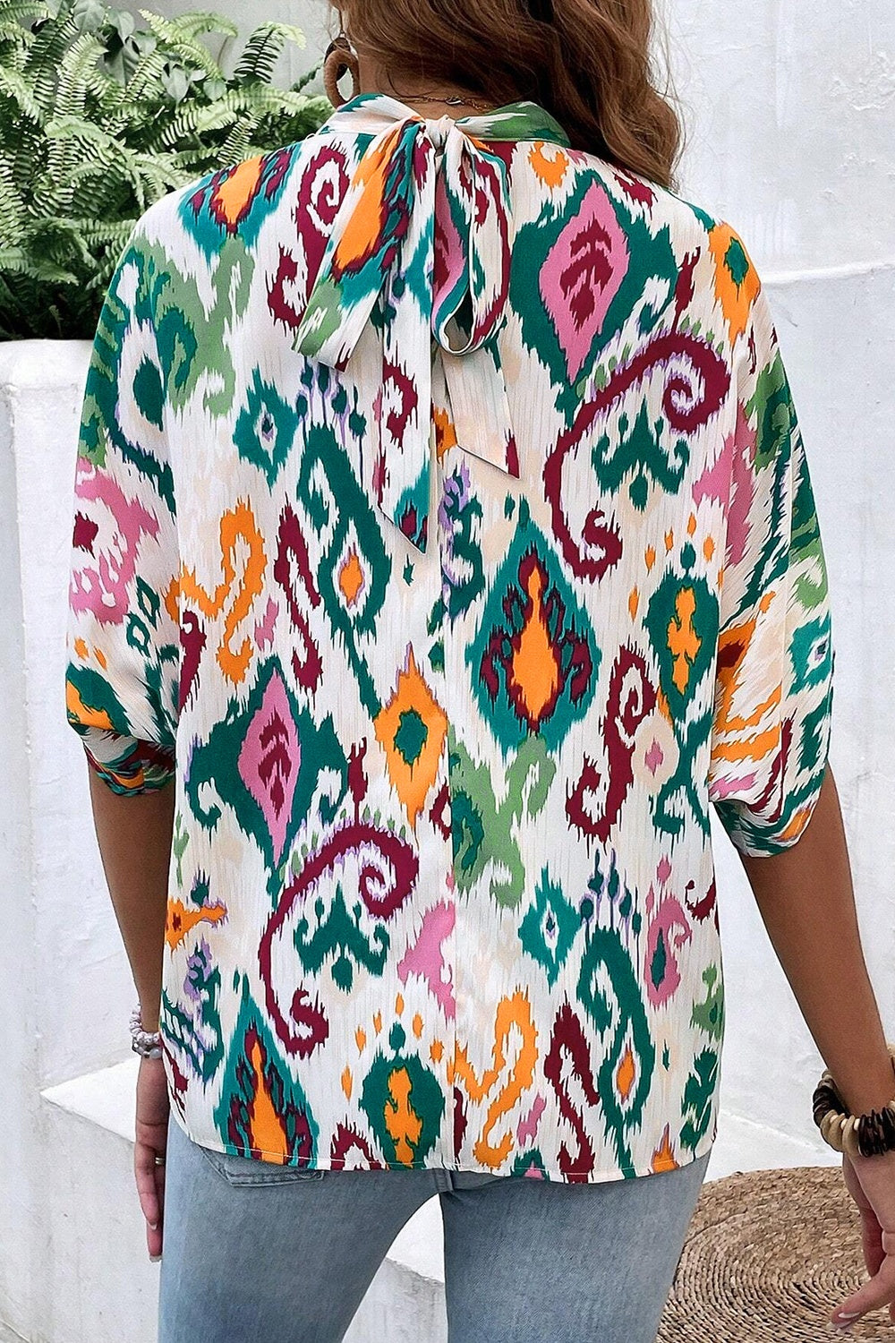 Printed Mock Neck Half Sleeve Blouse - Charming Charlie