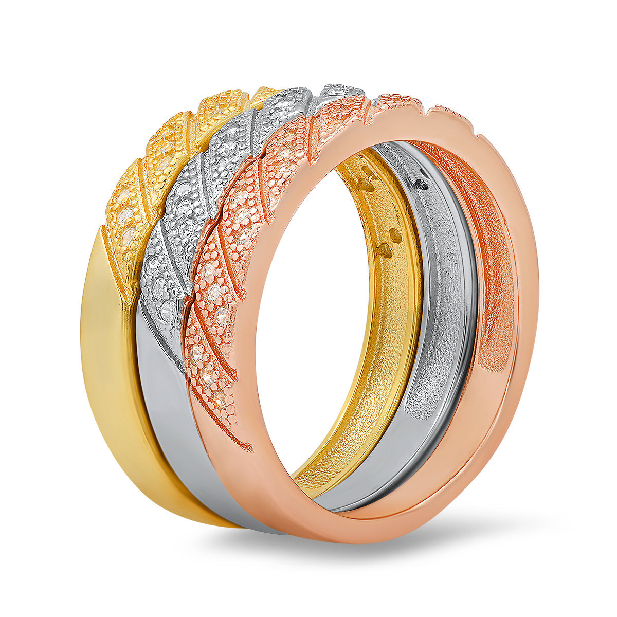 Sterling Silver Tri-Color CZ 3pc Stackable Ring Set - Charming Charlie