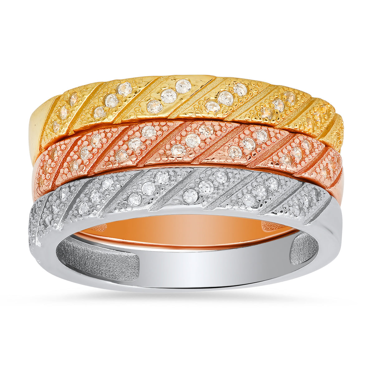 Sterling Silver Tri-Color CZ 3pc Stackable Ring Set - Charming Charlie