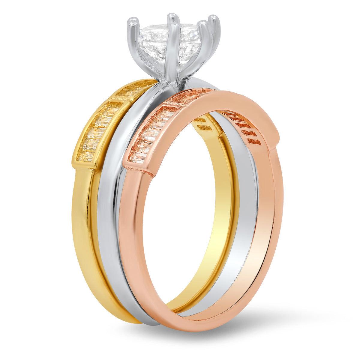Sterling Silver Tri-Color 3pc Stackable CZ Ring Set - Charming Charlie