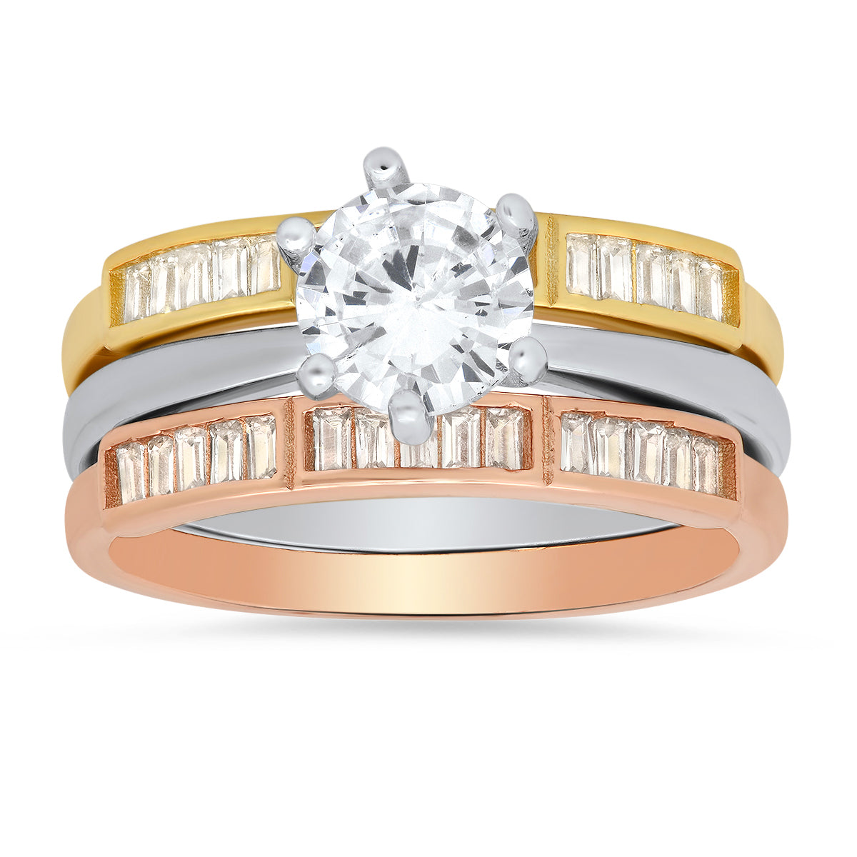 Sterling Silver Tri-Color 3pc Stackable CZ Ring Set - Charming Charlie