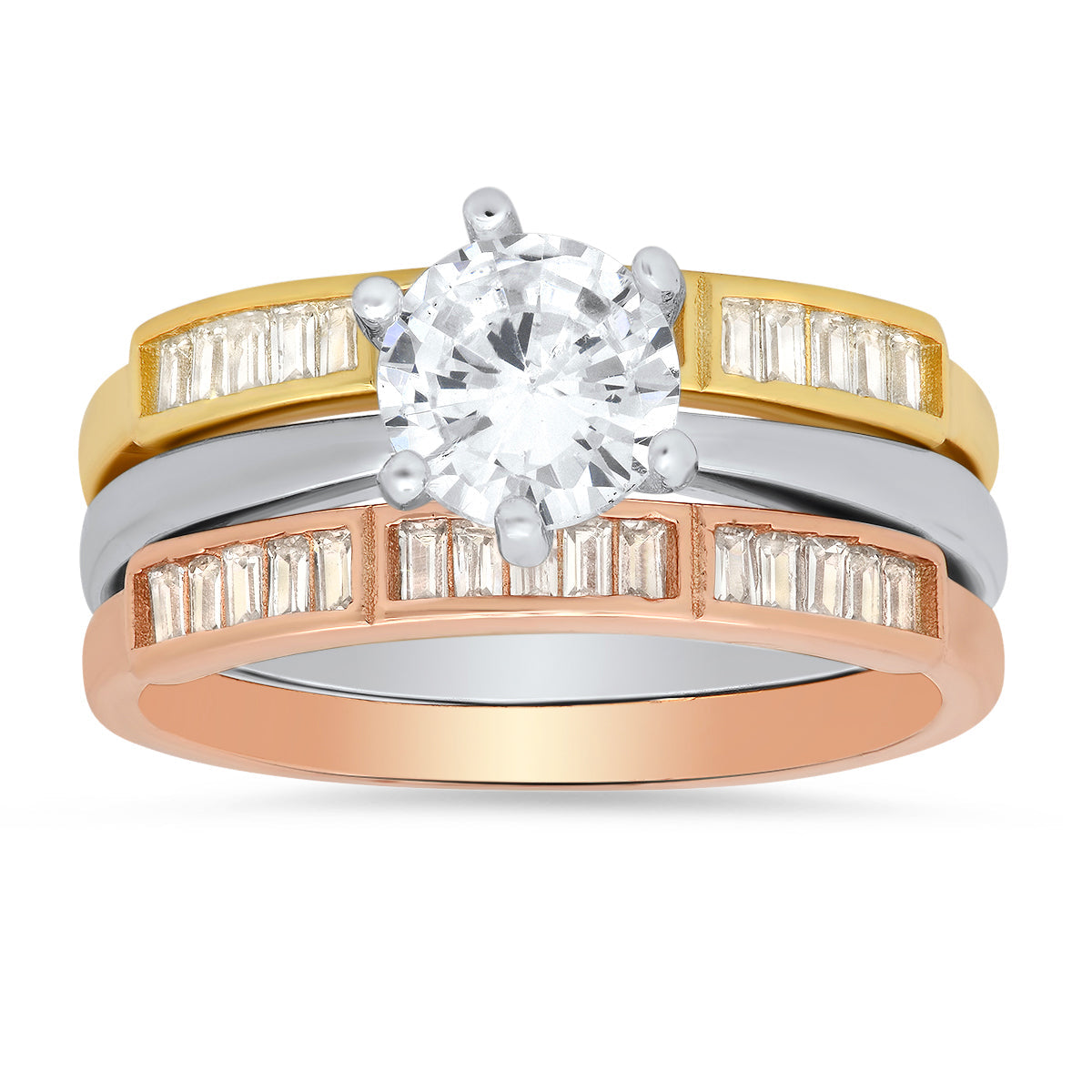 Sterling Silver Tri-Color 3pc Stackable CZ Ring Set - Charming Charlie