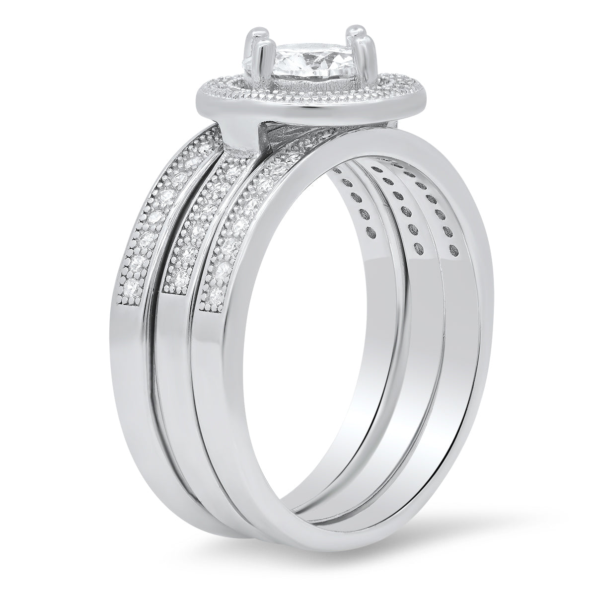 Sterling Silver Round-cut Halo 3pc Stackable CZ Ring Set - Charming Charlie