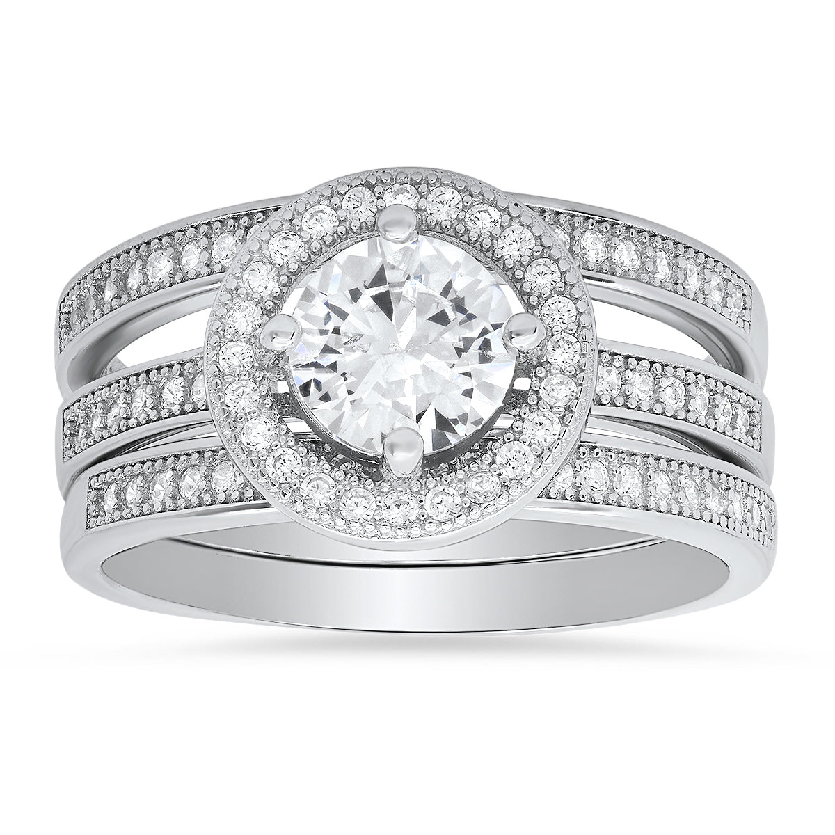 Sterling Silver Round-cut Halo 3pc Stackable CZ Ring Set - Charming Charlie