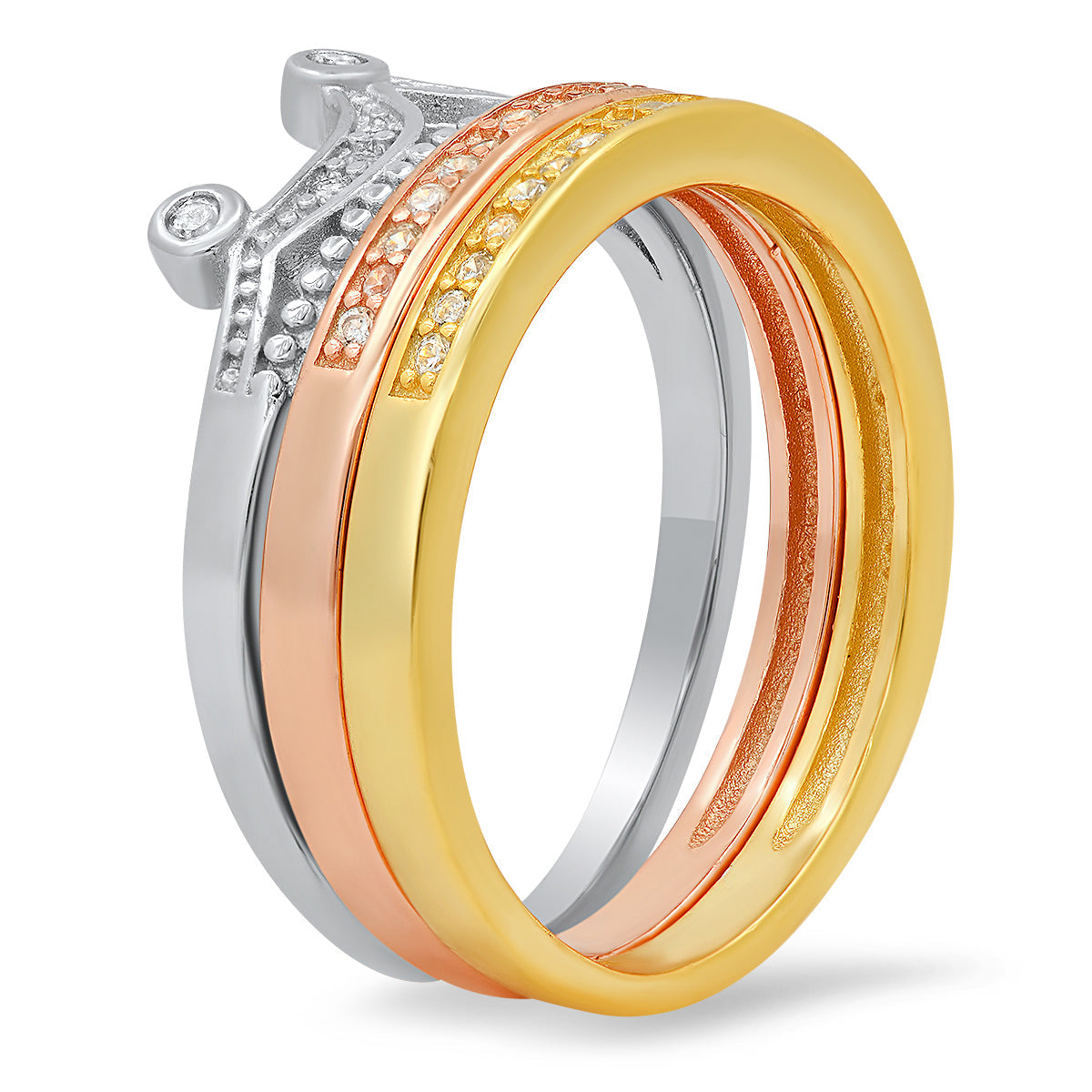 Sterling Silver Tri-Color 3pc Crown CZ Stackable Ring Set - Charming Charlie