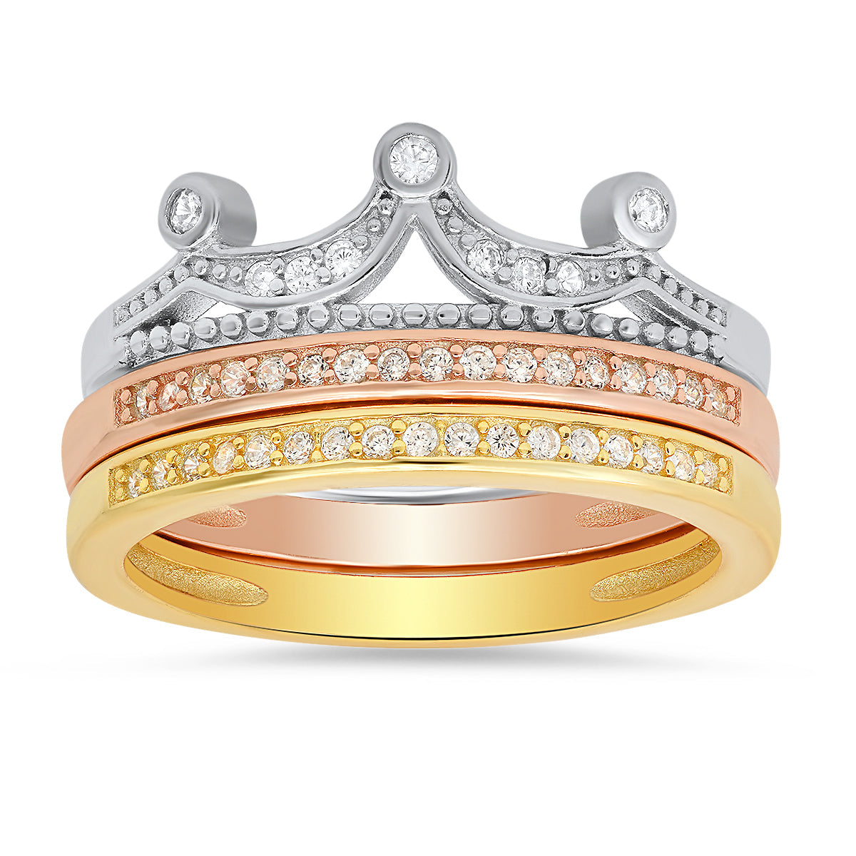 Sterling Silver Tri-Color 3pc Crown CZ Stackable Ring Set - Charming Charlie