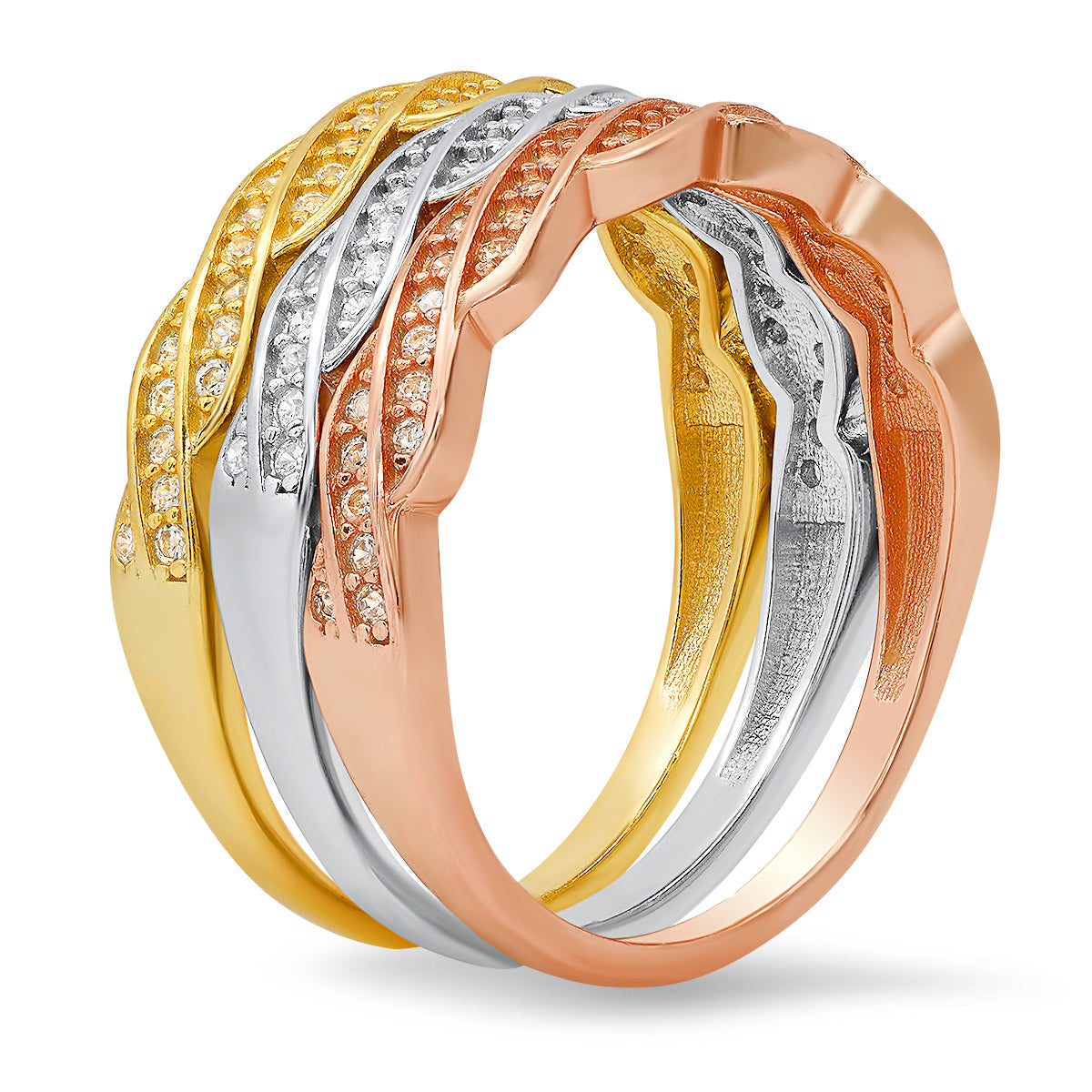 Sterling Silver Tri-Color 3pc Swirl CZ Stackable Ring Set - Charming Charlie