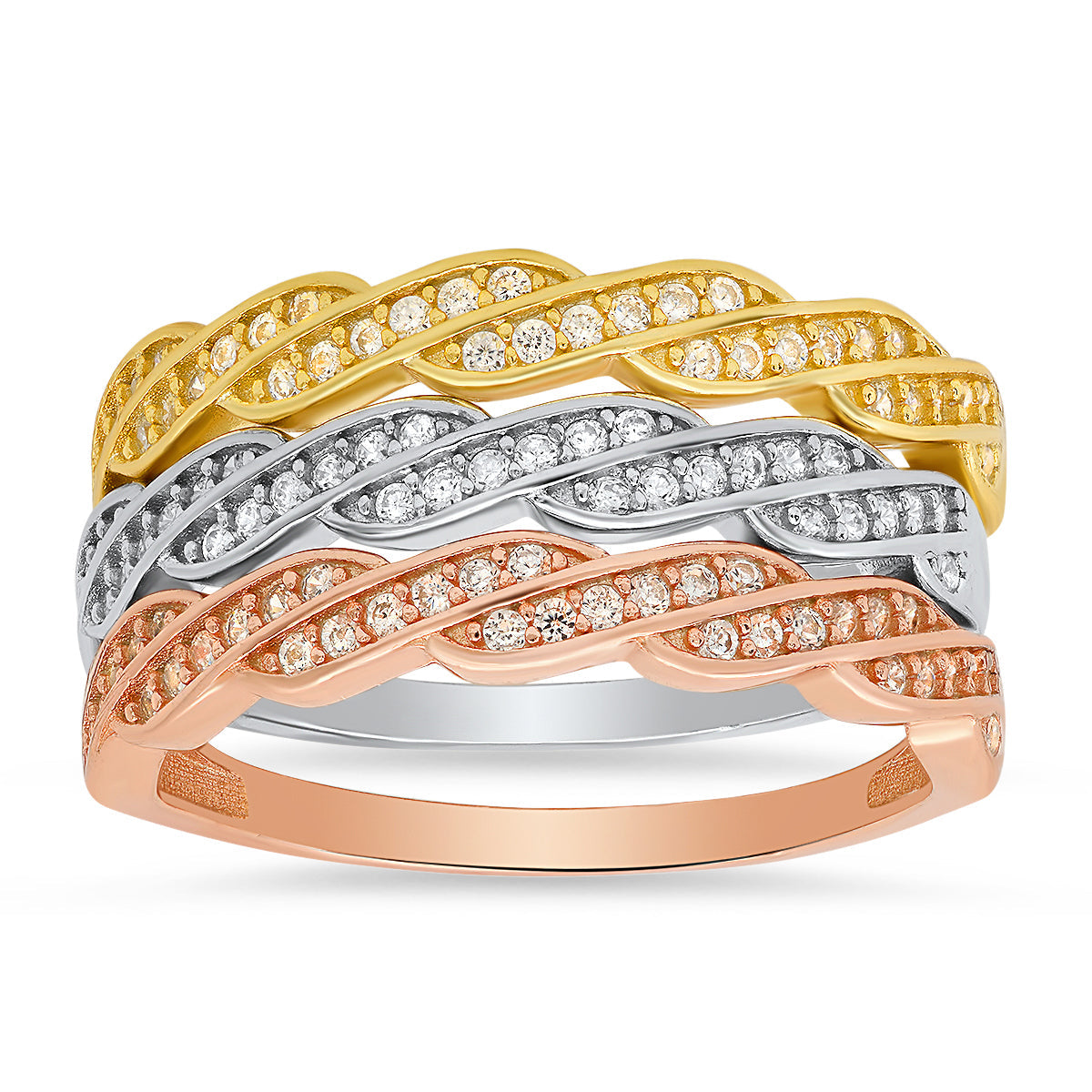 Sterling Silver Tri-Color 3pc Swirl CZ Stackable Ring Set - Charming Charlie