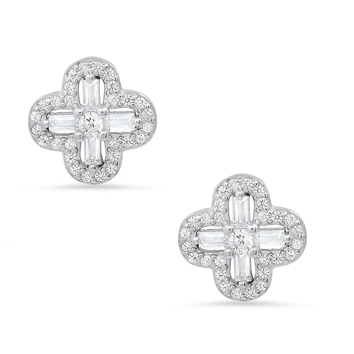 Sterling Silver Baguette-cut Clover CZ Stud Earrings - Charming Charlie