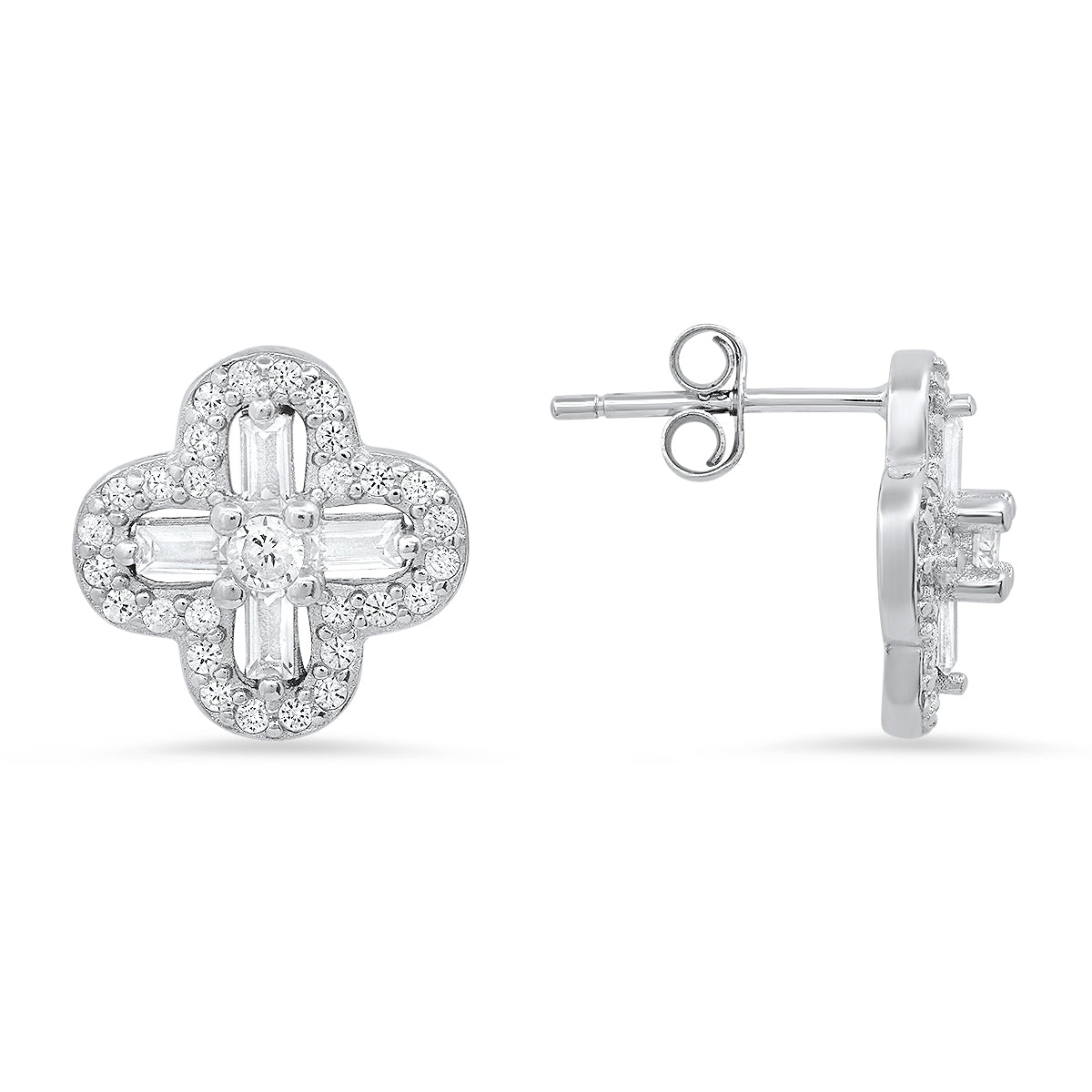 Sterling Silver Baguette-cut Clover CZ Stud Earrings - Charming Charlie