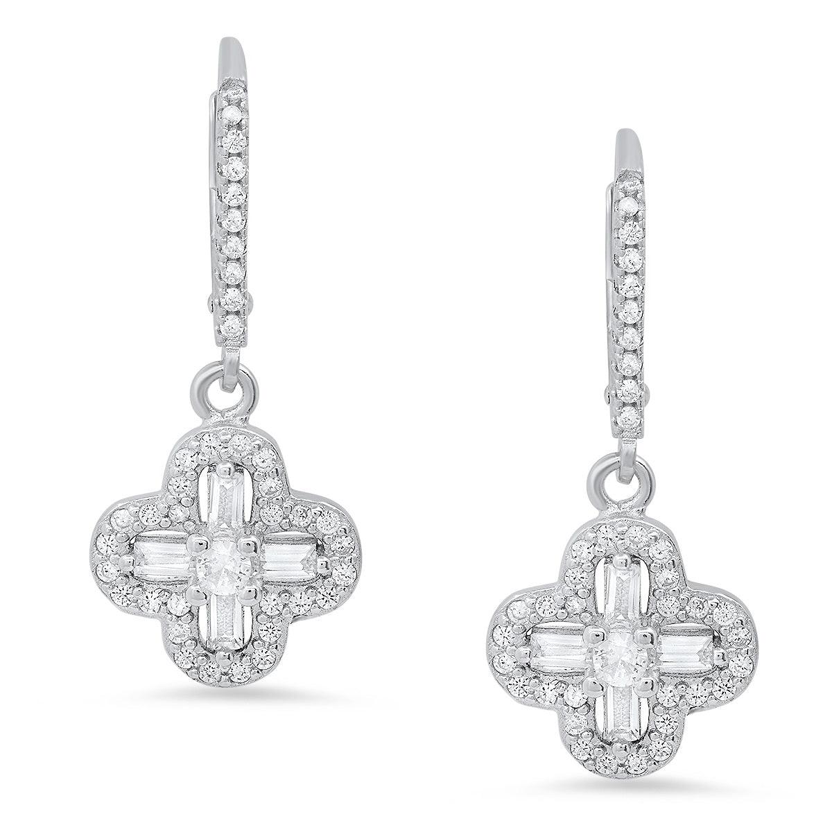 Sterling Silver Baguette-cut Clover Dangle CZ Leverback Earrings - Charming Charlie