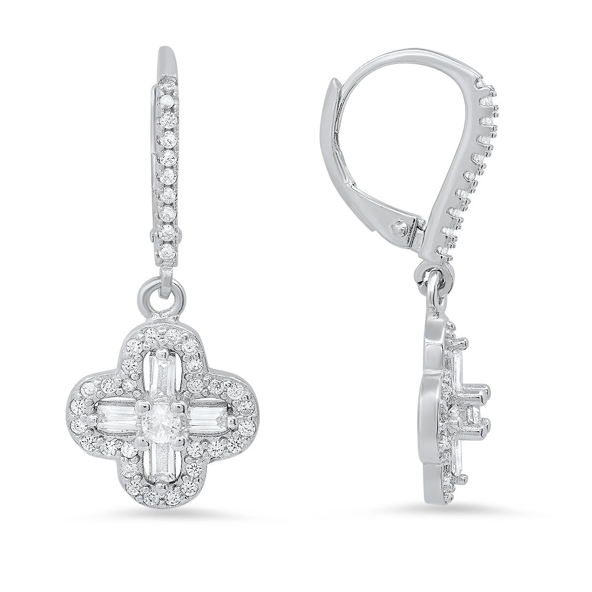 Sterling Silver Baguette-cut Clover Dangle CZ Leverback Earrings - Charming Charlie
