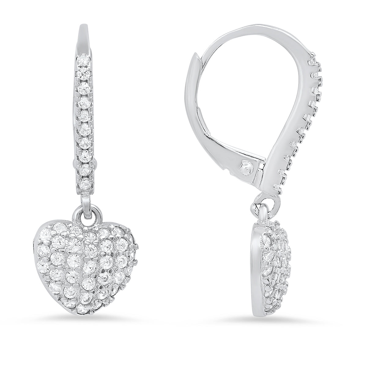 Sterling Silver Pave Heart CZ Dangle Leverback Earrings - Charming Charlie