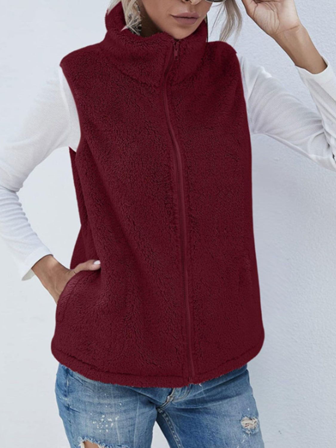 Full Size Fuzzy Zip Up Vest Coat with Pockets - Charming Charlie