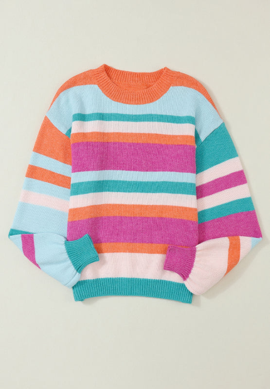 Striped Round Neck Drop Shoulder Sweater - Charming Charlie