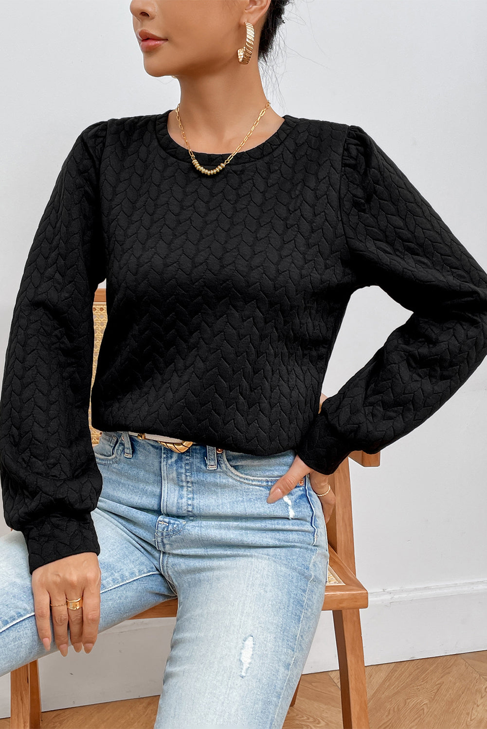 Texture Round Neck Long Sleeve Sweatshirt - Charming Charlie