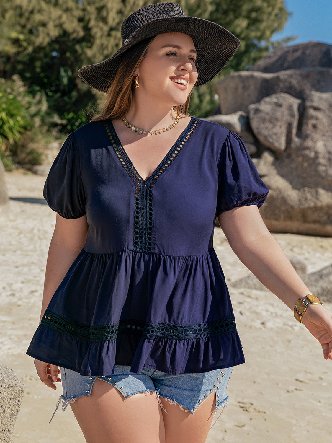 Plus Size Peplum V-Neck Short Sleeve Blouse - Charming Charlie