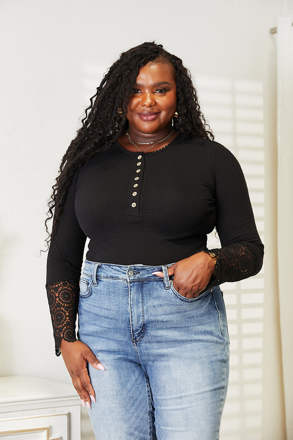 Double Take Crochet Lace Hem Sleeve Button Top - Charming Charlie