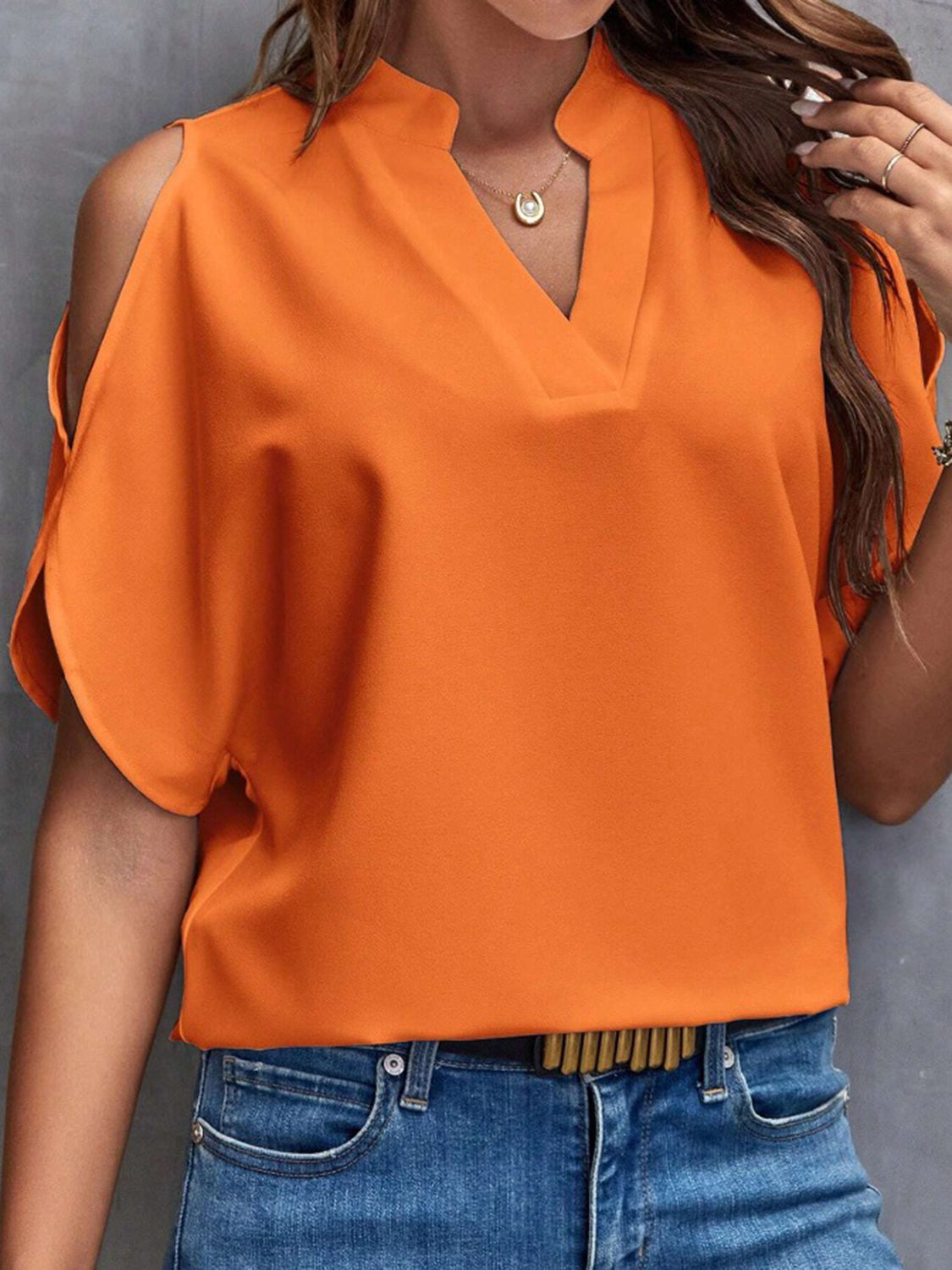 Notched Cold Shoulder Half Sleeve Blouse - Charming Charlie