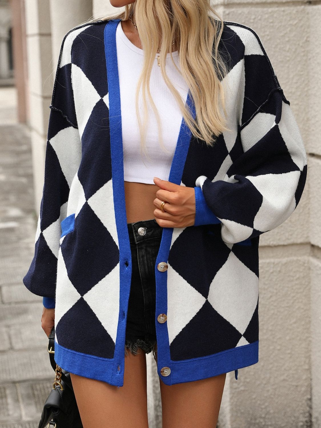 Checkered Dropped Shoulder Long Sleeve Cardigan - Charming Charlie