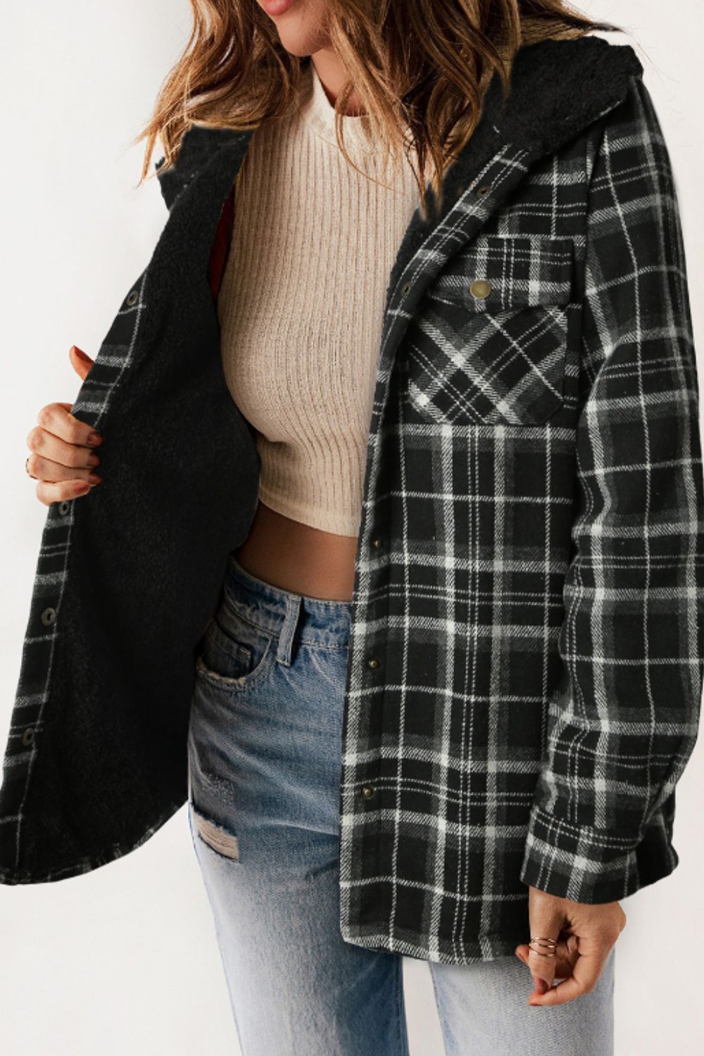 Plaid Button Up Long Sleeve Hooded Jacket - Charming Charlie