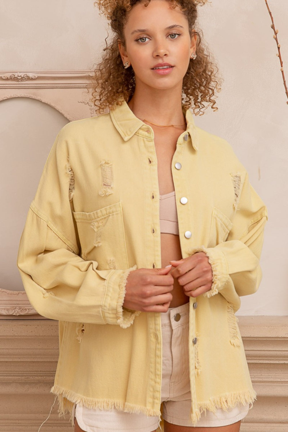 POL Button Down Raw Hem Distressed Shacket - Charming Charlie