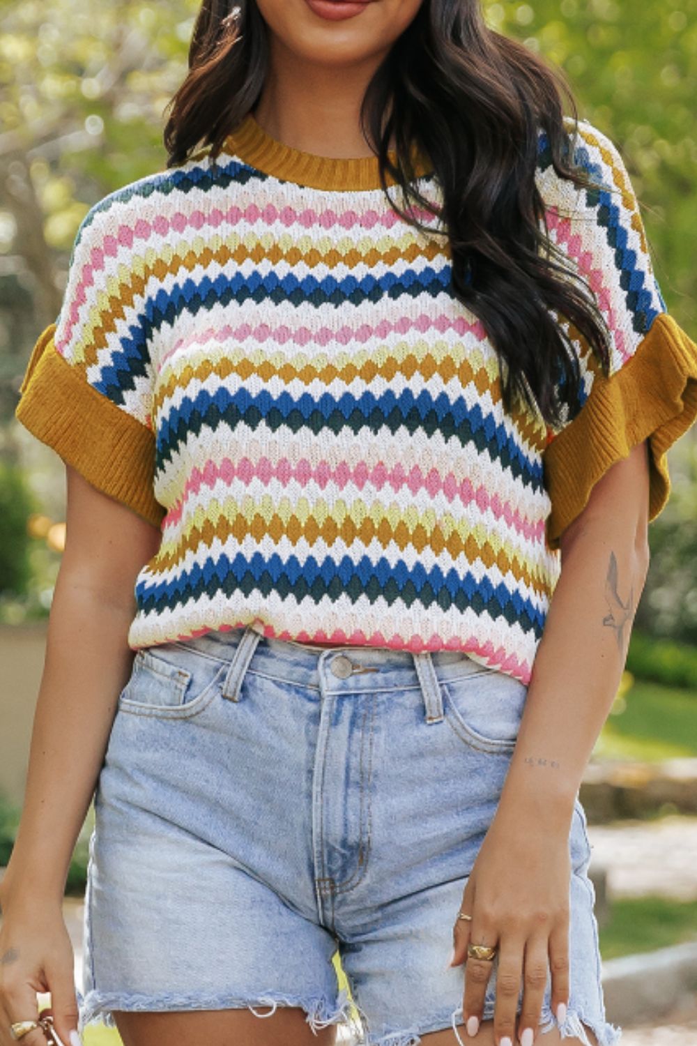 Contrast Round Neck Short Sleeve Sweater - Charming Charlie