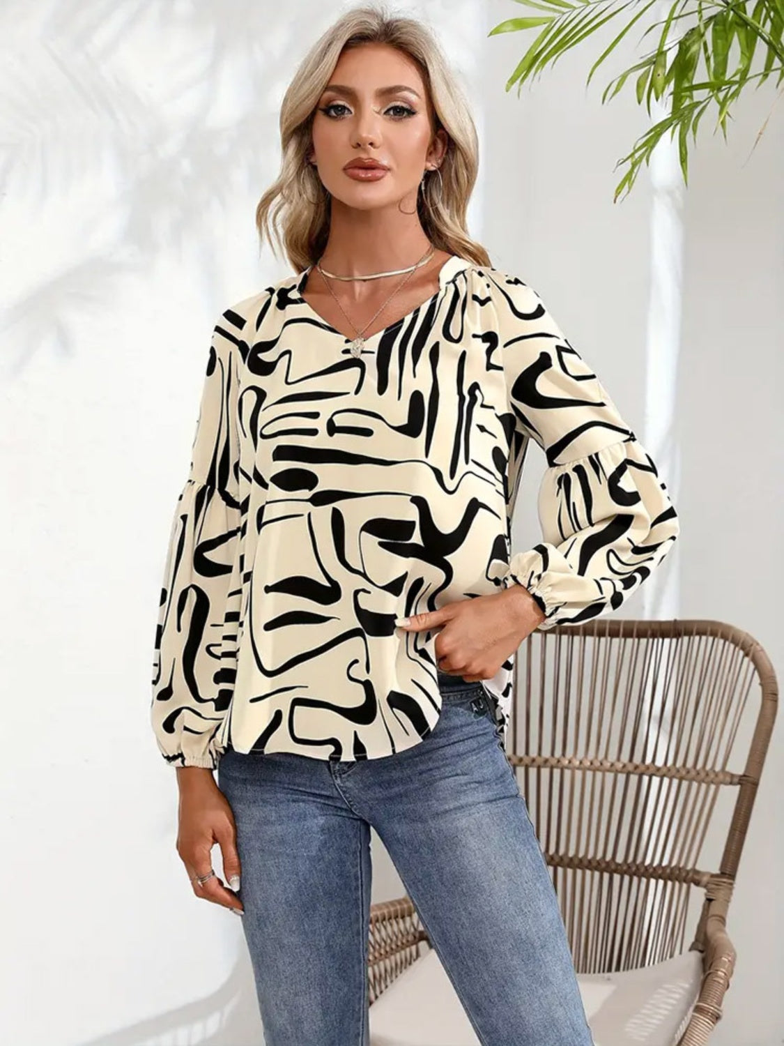 Printed Notched Long Sleeve Blouse - Charming Charlie