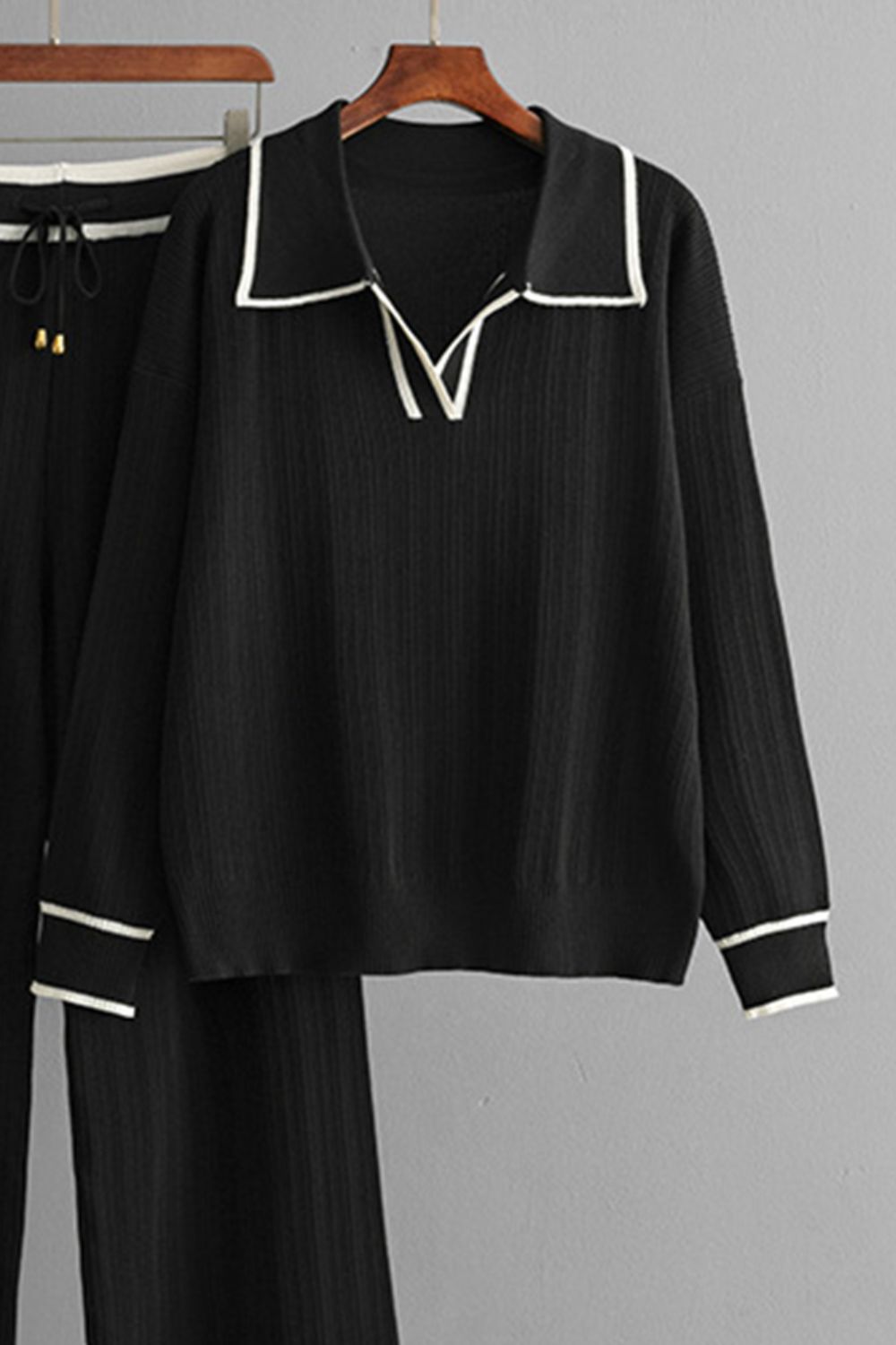 Contrast Trim Johnny Collar Top and Drawstring Pants Sweater Set - Charming Charlie