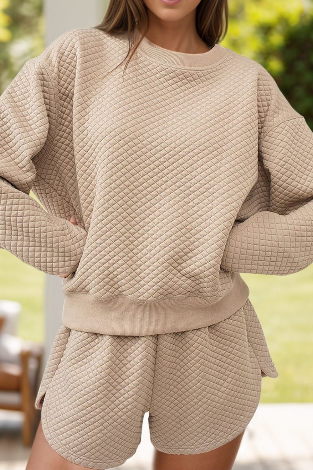 Quilted Round Neck Long Sleeve Top and Shorts Set - Charming Charlie