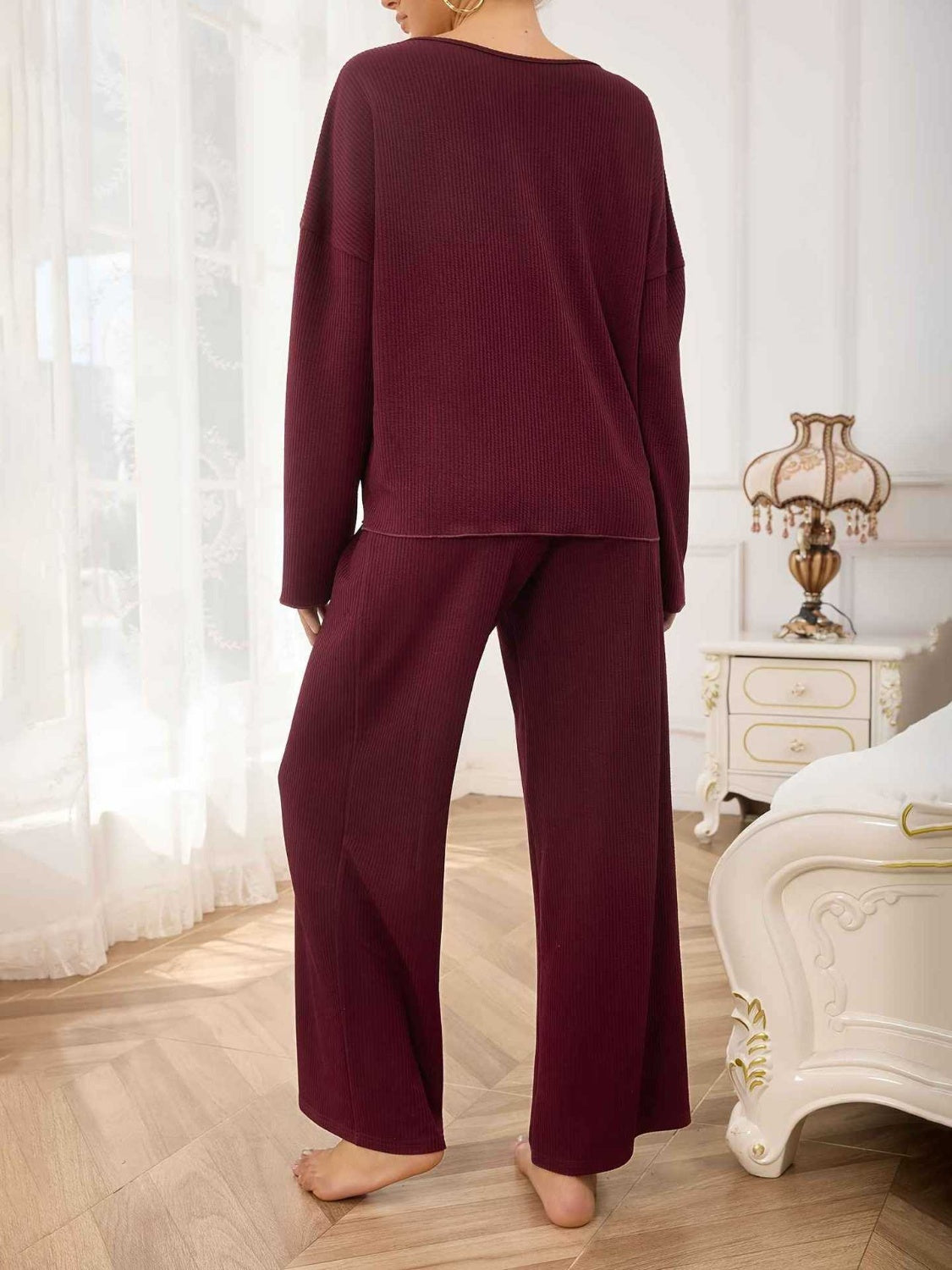 V-Neck Long Sleeve Top and Wide Leg Pants Set - Charming Charlie