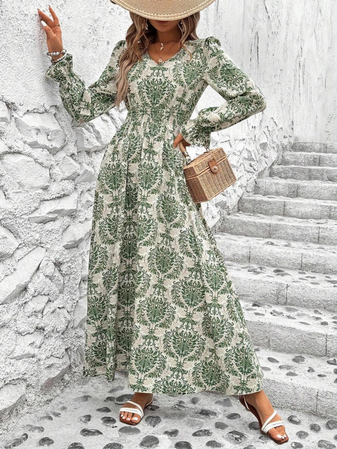 Smocked Printed V-Neck Flounce Sleeve Dress - Charming Charlie