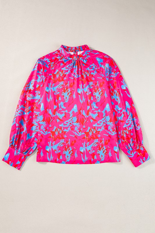 Purple Printed Bubble Sleeve Mock Neck Blouse - Charming Charlie