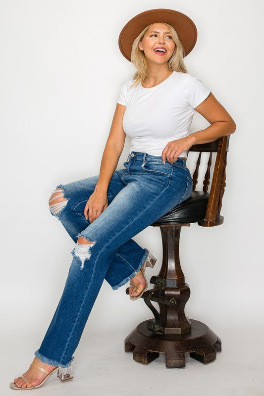 bytos Full Size Raw Hem Distressed High Rise Bootcut Jeans - Charming Charlie