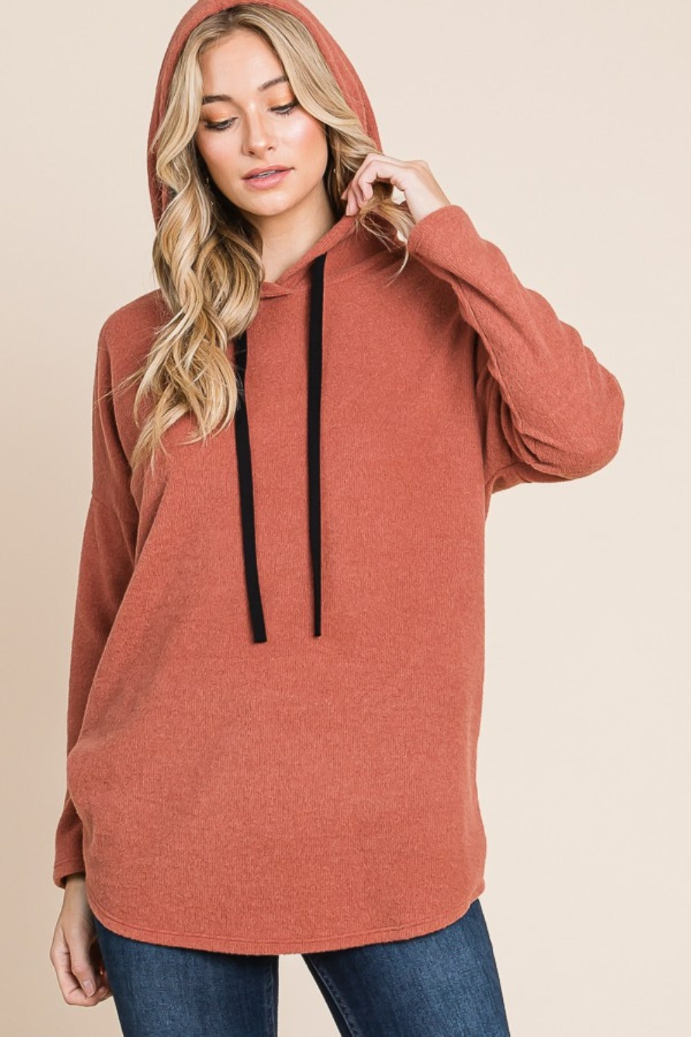BOMBOM Contrast Drawstring Drop Shoulder Knit Hoodie - Charming Charlie