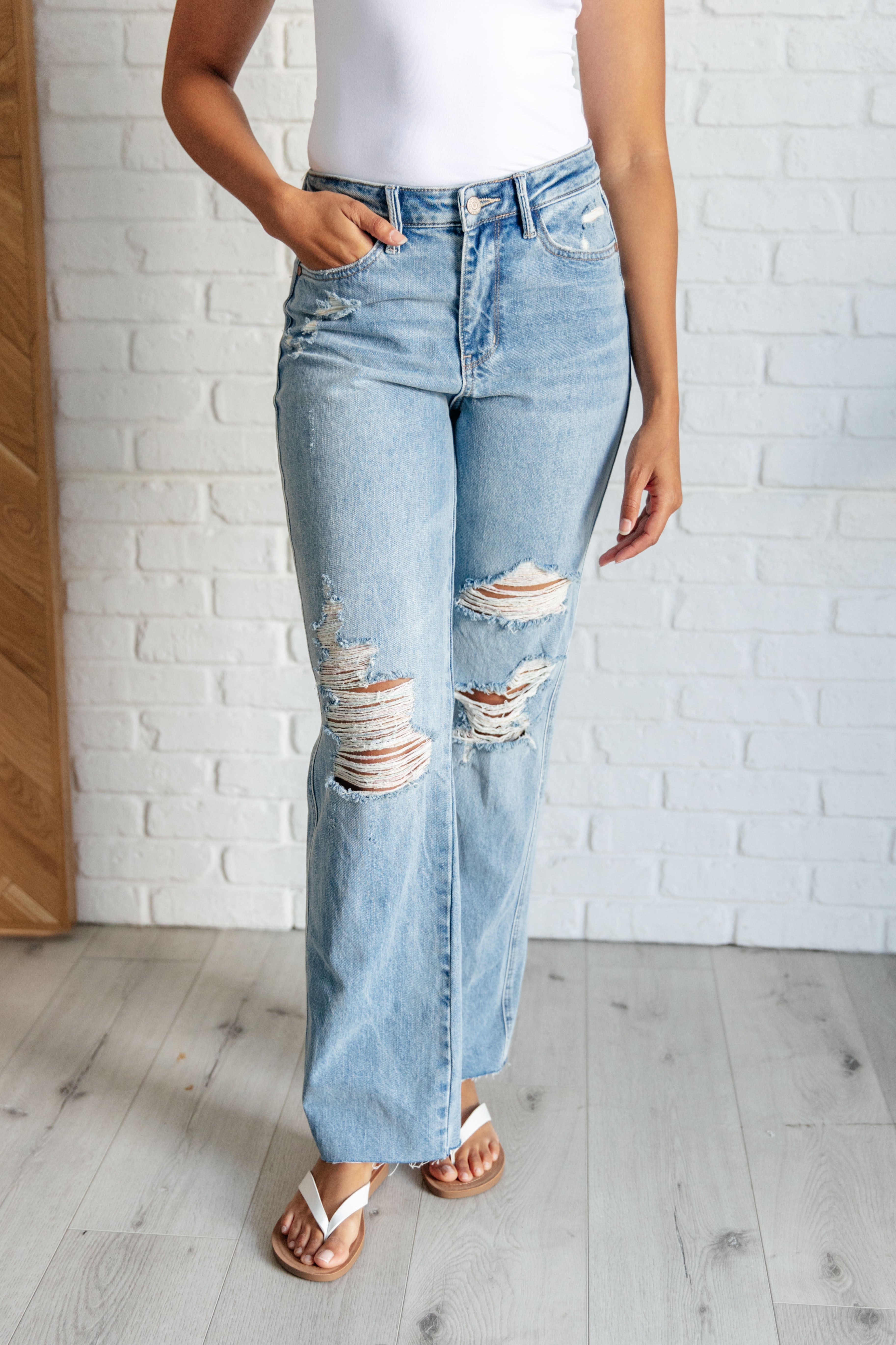 Ramona High Rise Rigid Magic Destroyed Straight Jeans - Charming Charlie