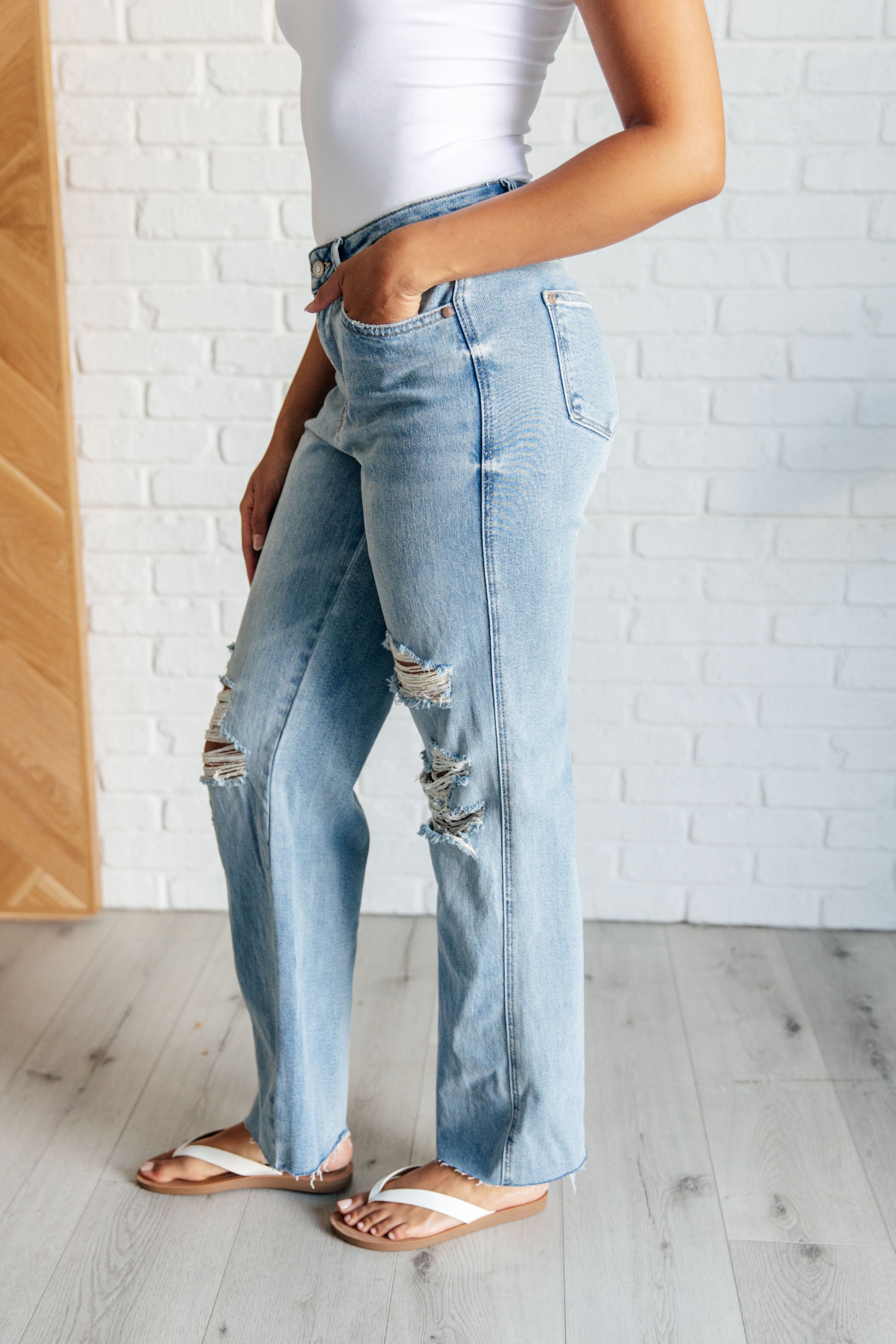 Ramona High Rise Rigid Magic Destroyed Straight Jeans - Charming Charlie