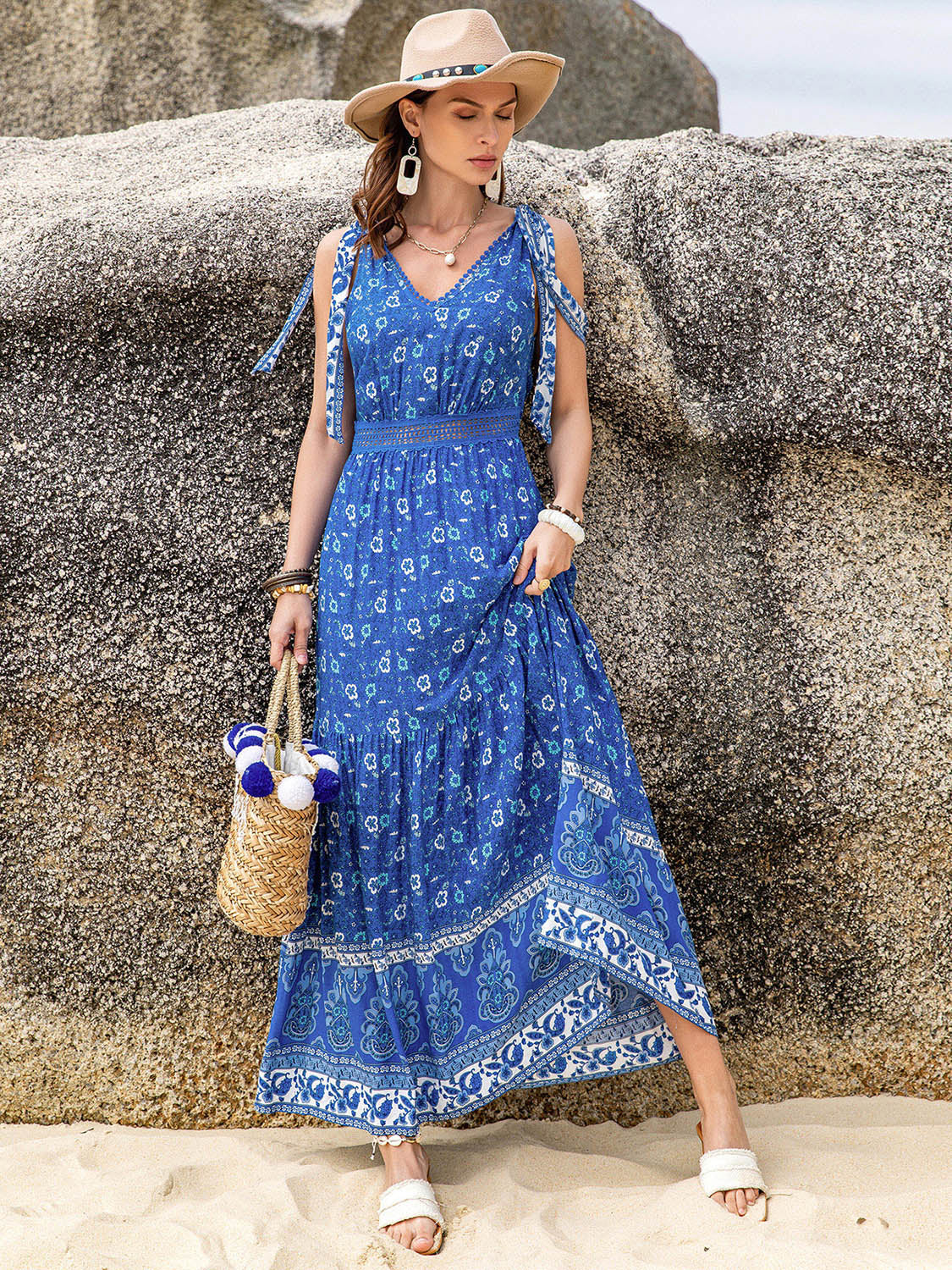 Printed V-Neck Tie Shoulder Dress - Charming Charlie