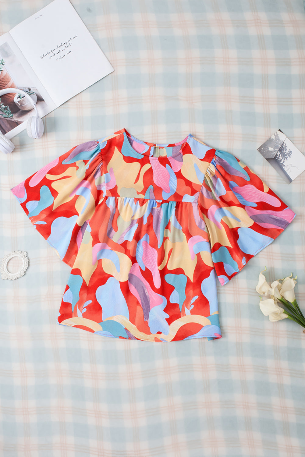 Printed Round Neck Half Sleeve Blouse - Charming Charlie