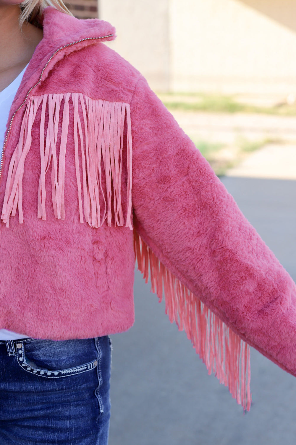Fringed Zip Up Fleece Jacket - Charming Charlie
