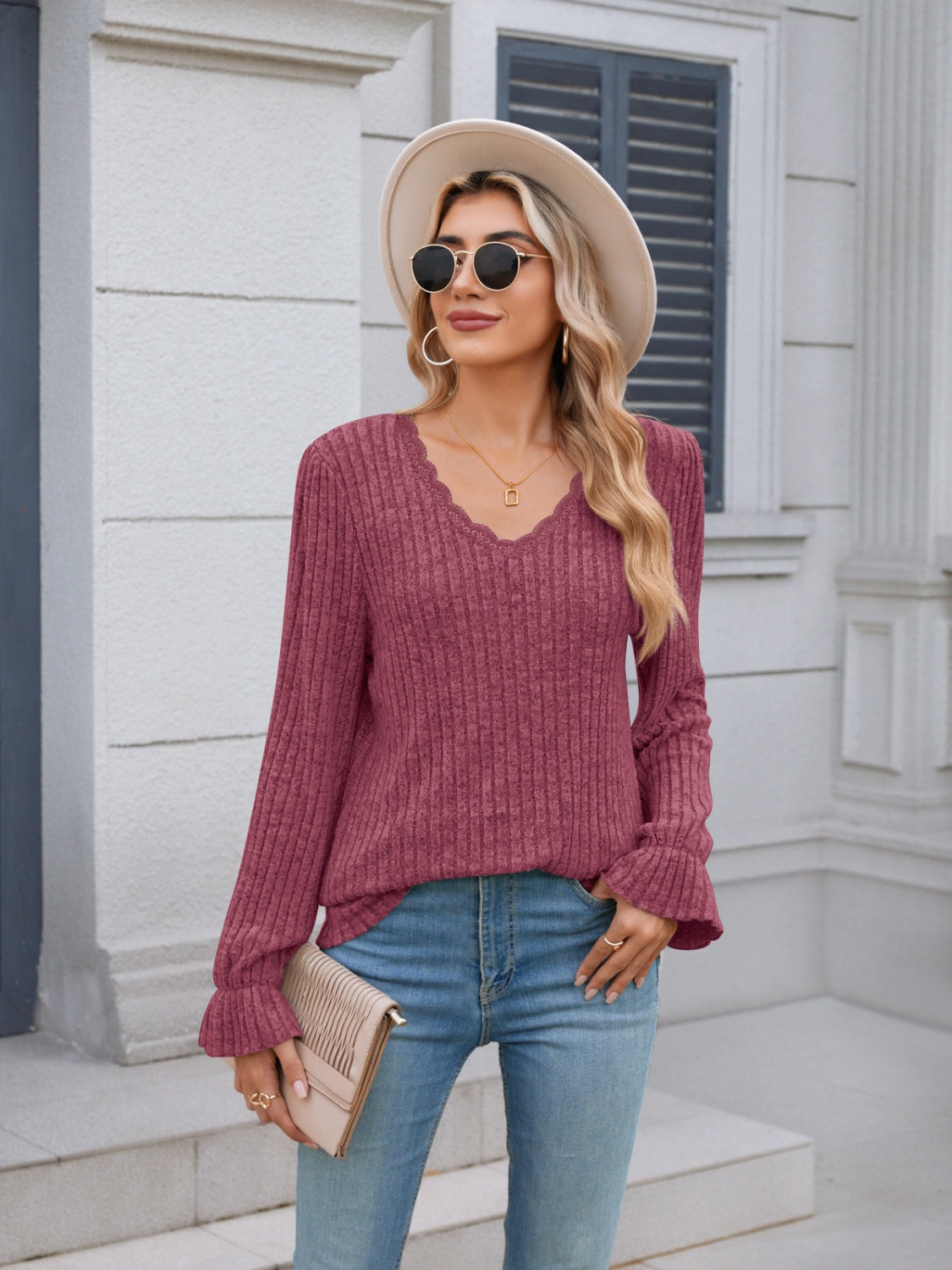 Lace Detail V-Neck Long Sleeve T-Shirt - Charming Charlie
