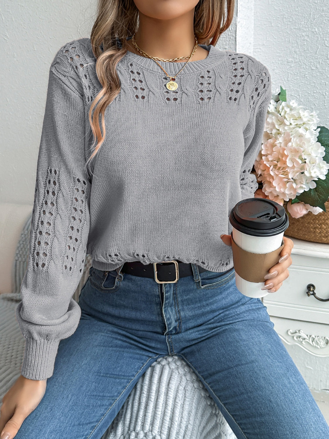 Openwork Round Neck Long Sleeve Sweater - Charming Charlie