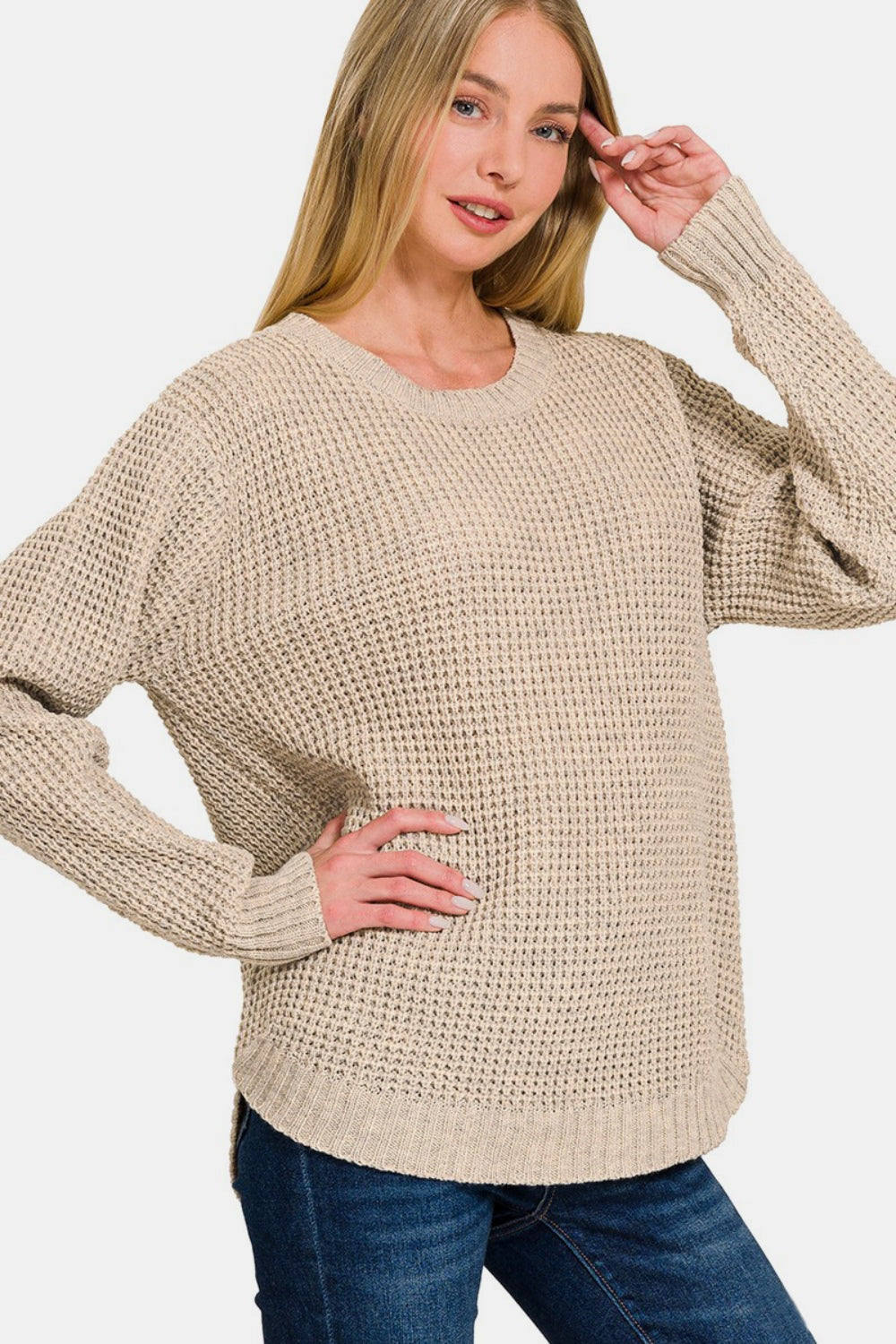 Zenana High Low Long Sleeve Waffle Sweater - Charming Charlie