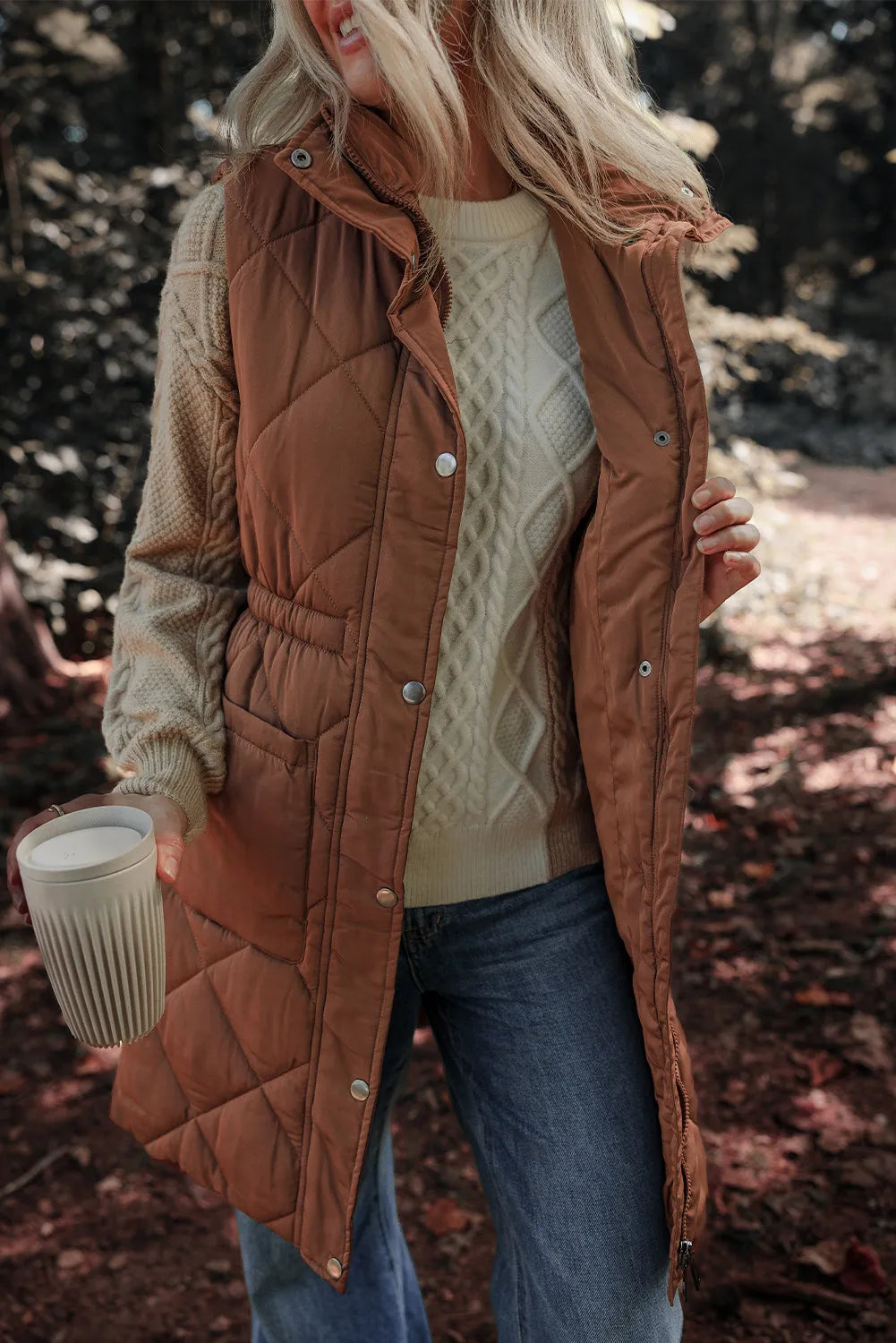 Pocketed Zipper and Button Vest Coat - Charming Charlie