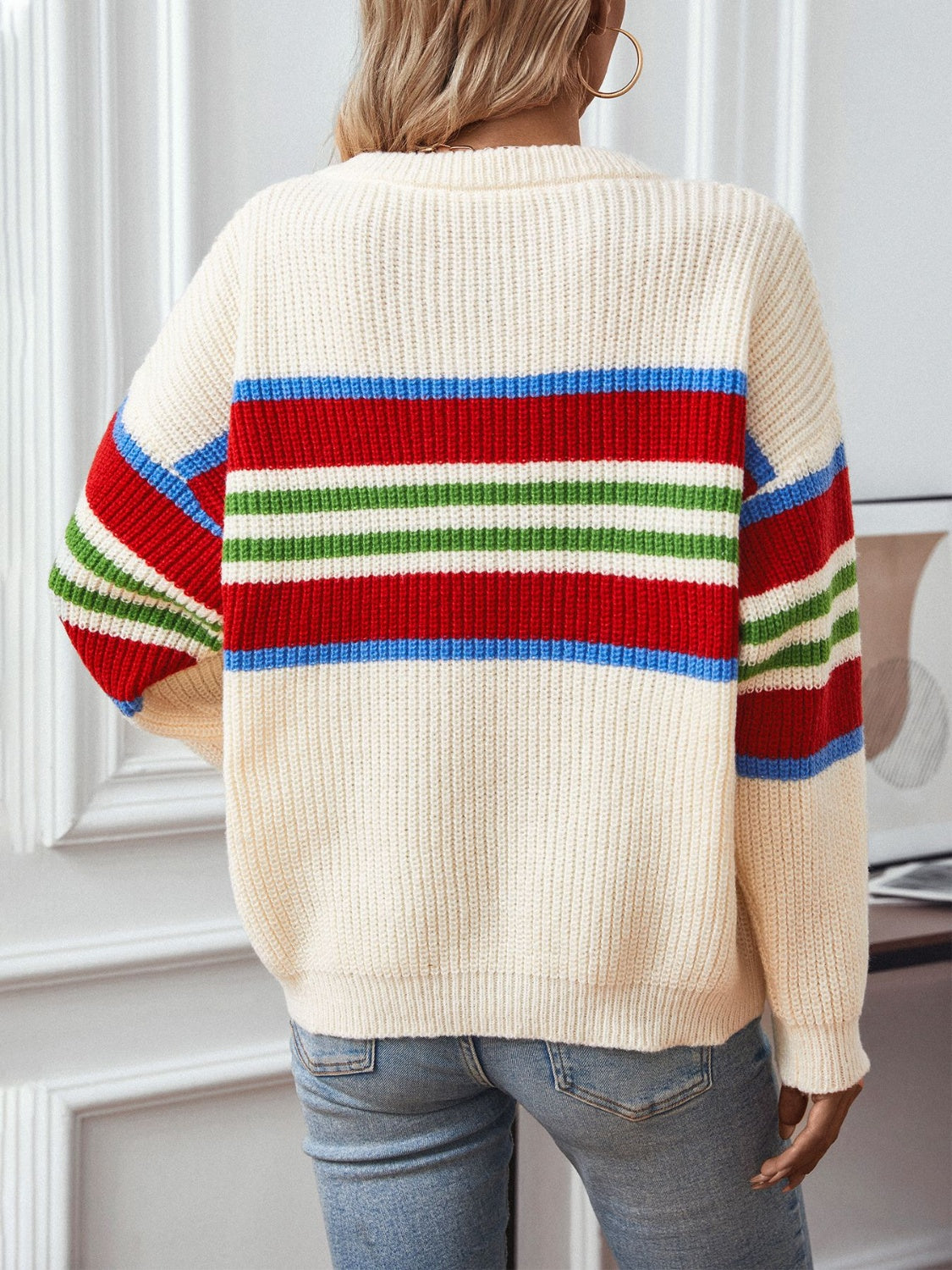 Contrast Stripes Round Neck Long Sleeve Sweater - Charming Charlie
