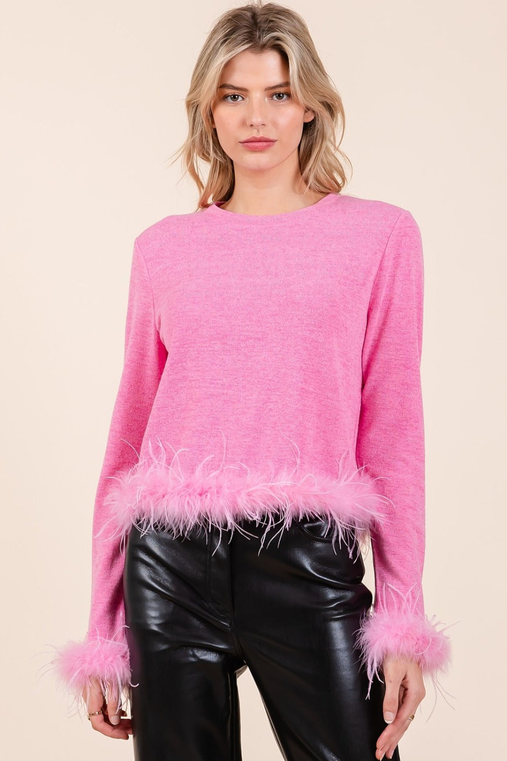 Mittoshop Feather Trim Long Sleeve Crop Hacci Knit Top - Charming Charlie