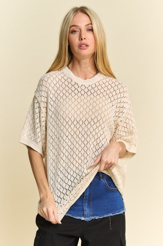 Davi & Dani Side Slit Openwork Round Neck Half Sleeve Knit Cover Up - Charming Charlie