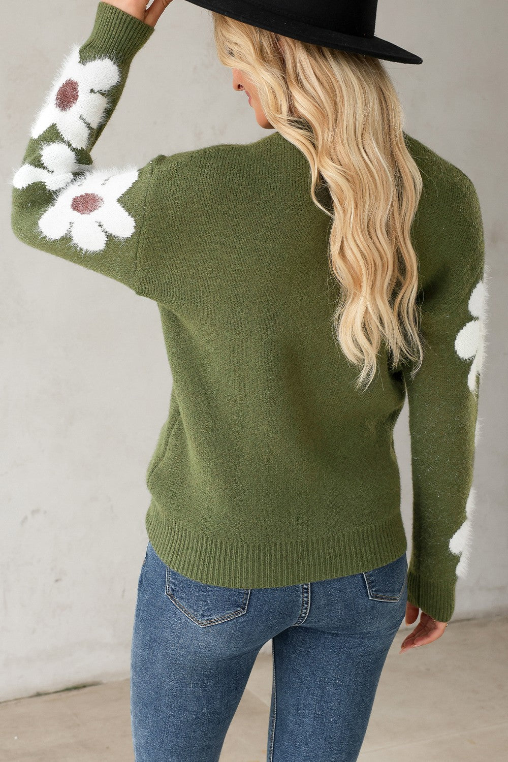 Flower Round Neck Long Sleeve Sweater - Charming Charlie